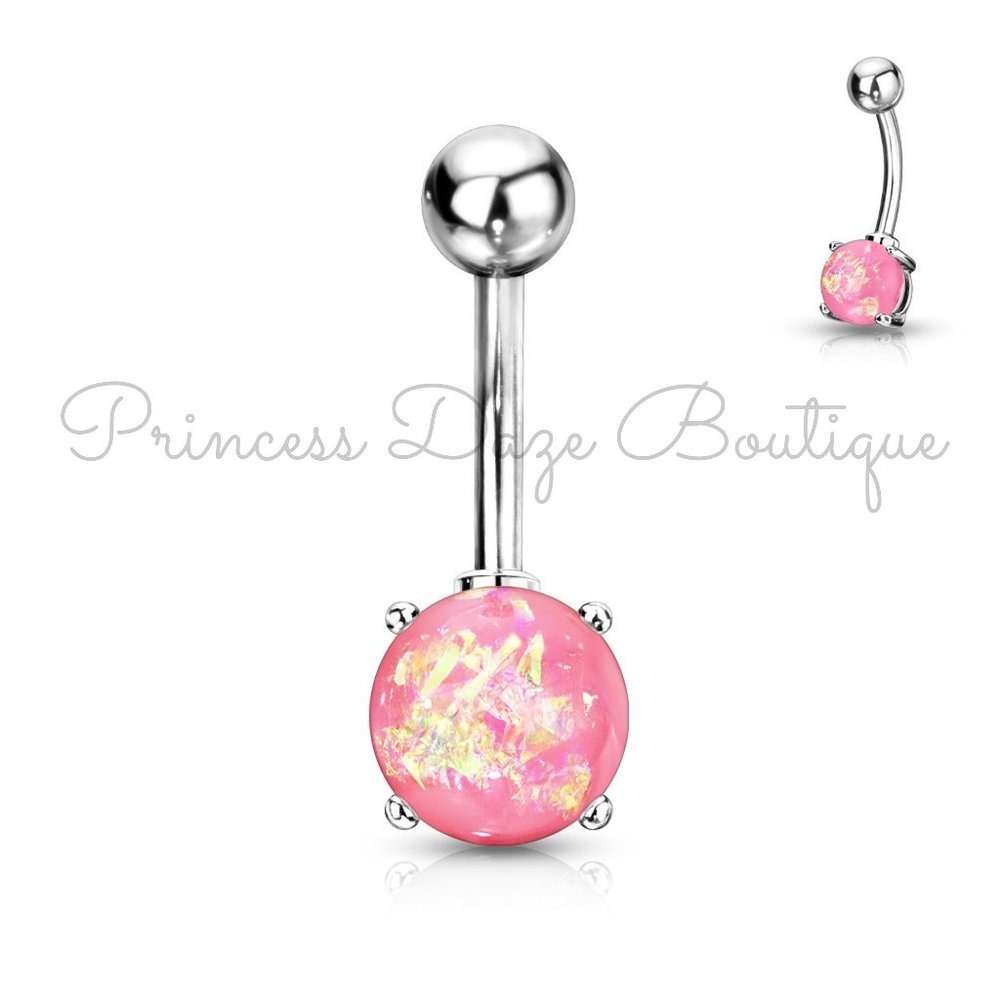 Pink Opal Silver Prong Belly Button‎ Ring